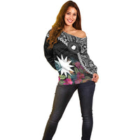 Black Nauru Off Shoulder Sweater Naoero Map With Polynesian Tropical Flowers