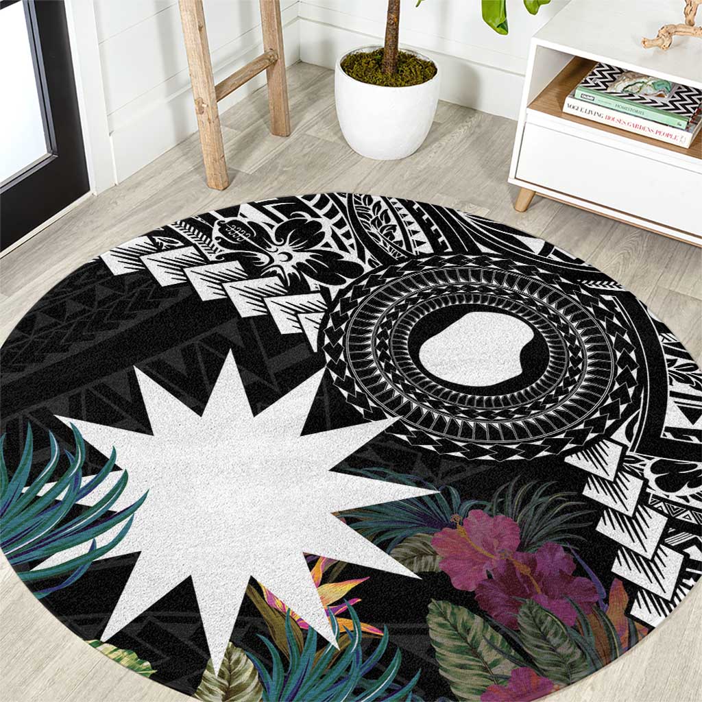 Black Nauru Round Carpet Naoero Map With Polynesian Tropical Flowers