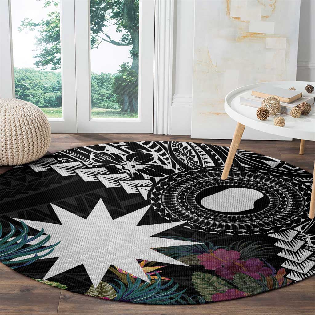 Black Nauru Round Carpet Naoero Map With Polynesian Tropical Flowers