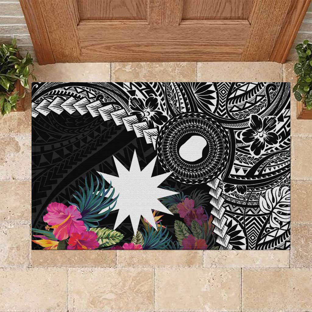 Black Nauru Rubber Doormat Naoero Map With Polynesian Tropical Flowers