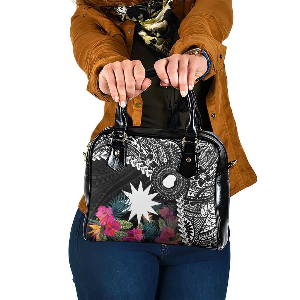 Black Nauru Shoulder Handbag Naoero Map With Polynesian Tropical Flowers