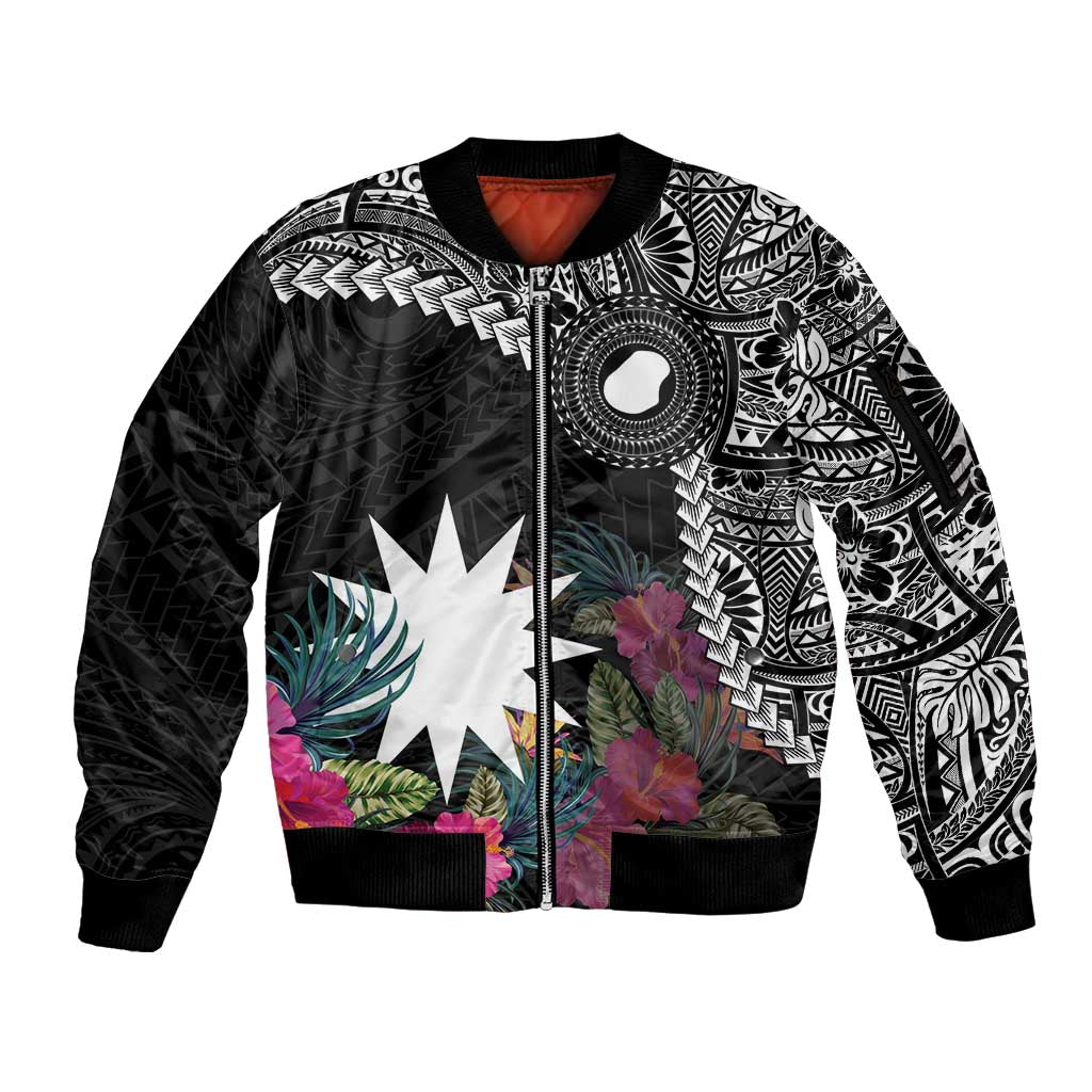 Black Nauru Sleeve Zip Bomber Jacket Naoero Map With Polynesian Tropical Flowers