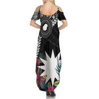 Black Nauru Summer Maxi Dress Naoero Map With Polynesian Tropical Flowers