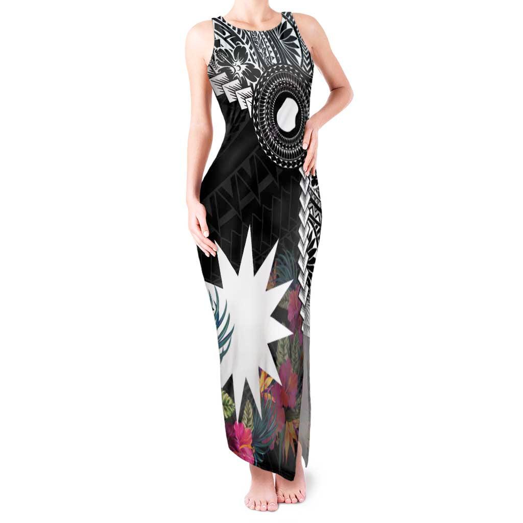 Black Nauru Tank Maxi Dress Naoero Map With Polynesian Tropical Flowers