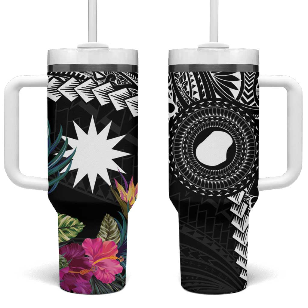 Black Nauru Tumbler With Handle Naoero Map With Polynesian Tropical Flowers