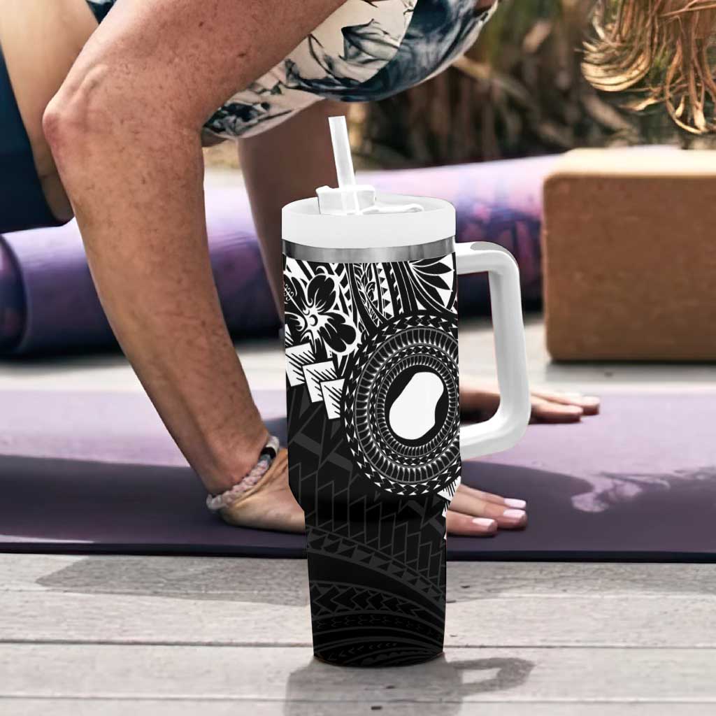 Black Nauru Tumbler With Handle Naoero Map With Polynesian Tropical Flowers