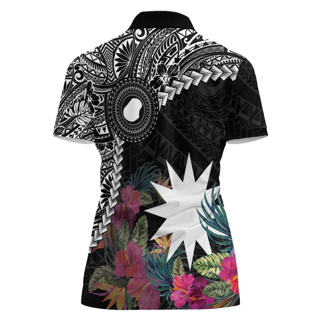 Black Nauru Women Polo Shirt Naoero Map With Polynesian Tropical Flowers