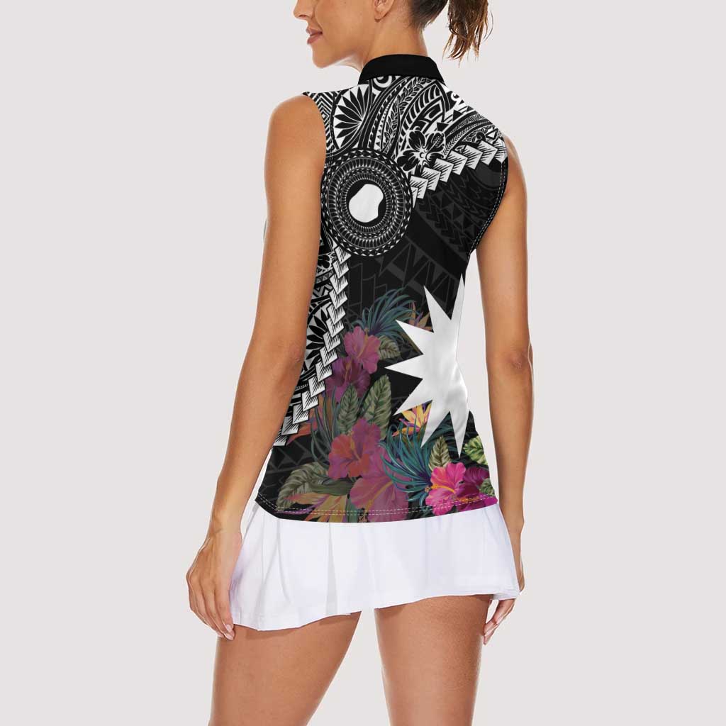 Black Nauru Women Sleeveless Polo Shirt Naoero Map With Polynesian Tropical Flowers