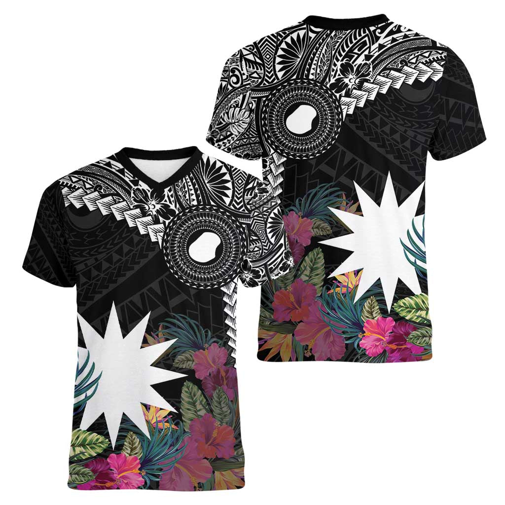 Black Nauru Women V-Neck T-Shirt Naoero Map With Polynesian Tropical Flowers