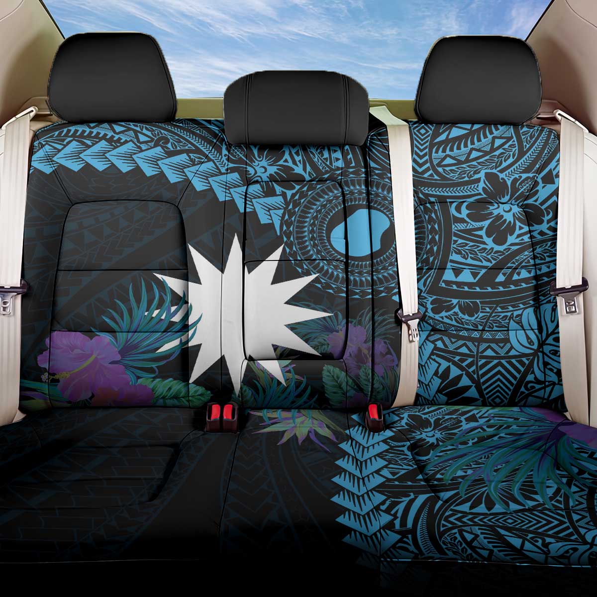 Blue Nauru Back Car Seat Cover Naoero Map With Polynesian Tropical Flowers