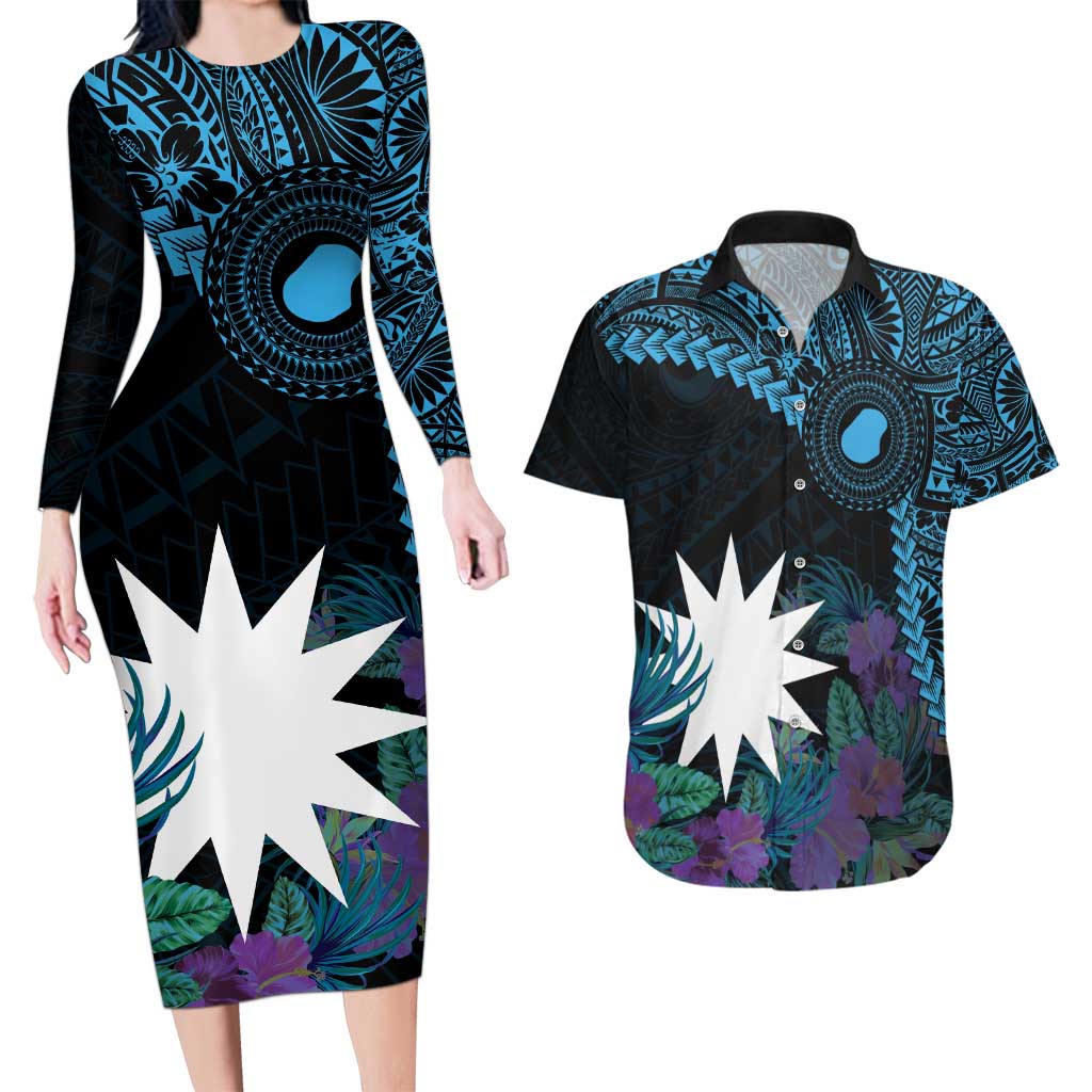 Blue Nauru Couples Matching Long Sleeve Bodycon Dress and Hawaiian Shirt Naoero Map With Polynesian Tropical Flowers