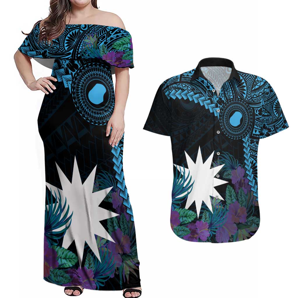 Blue Nauru Couples Matching Off Shoulder Maxi Dress and Hawaiian Shirt Naoero Map With Polynesian Tropical Flowers