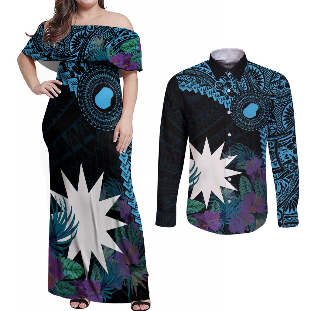 Blue Nauru Couples Matching Off Shoulder Maxi Dress and Long Sleeve Button Shirt Naoero Map With Polynesian Tropical Flowers