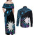 Blue Nauru Couples Matching Off Shoulder Maxi Dress and Long Sleeve Button Shirt Naoero Map With Polynesian Tropical Flowers