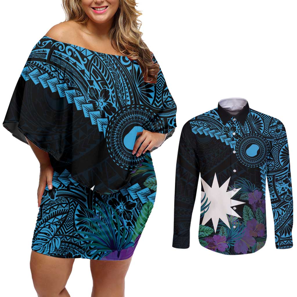 Blue Nauru Couples Matching Off Shoulder Short Dress and Long Sleeve Button Shirt Naoero Map With Polynesian Tropical Flowers