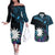 Blue Nauru Couples Matching Off The Shoulder Long Sleeve Dress and Hawaiian Shirt Naoero Map With Polynesian Tropical Flowers