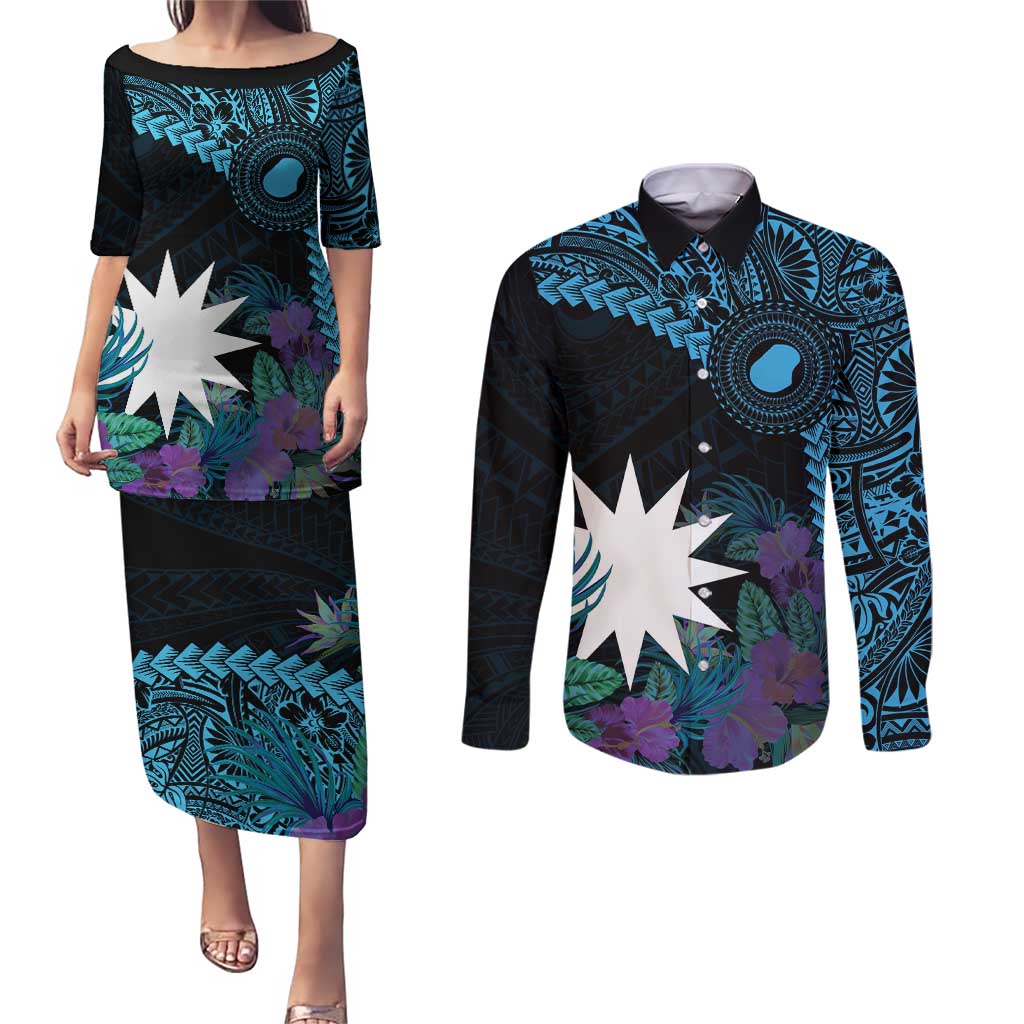 Blue Nauru Couples Matching Puletasi and Long Sleeve Button Shirt Naoero Map With Polynesian Tropical Flowers