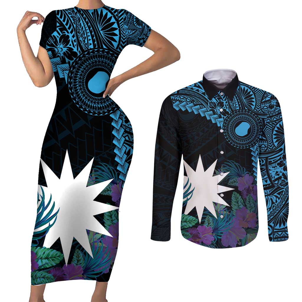 Blue Nauru Couples Matching Short Sleeve Bodycon Dress and Long Sleeve Button Shirt Naoero Map With Polynesian Tropical Flowers