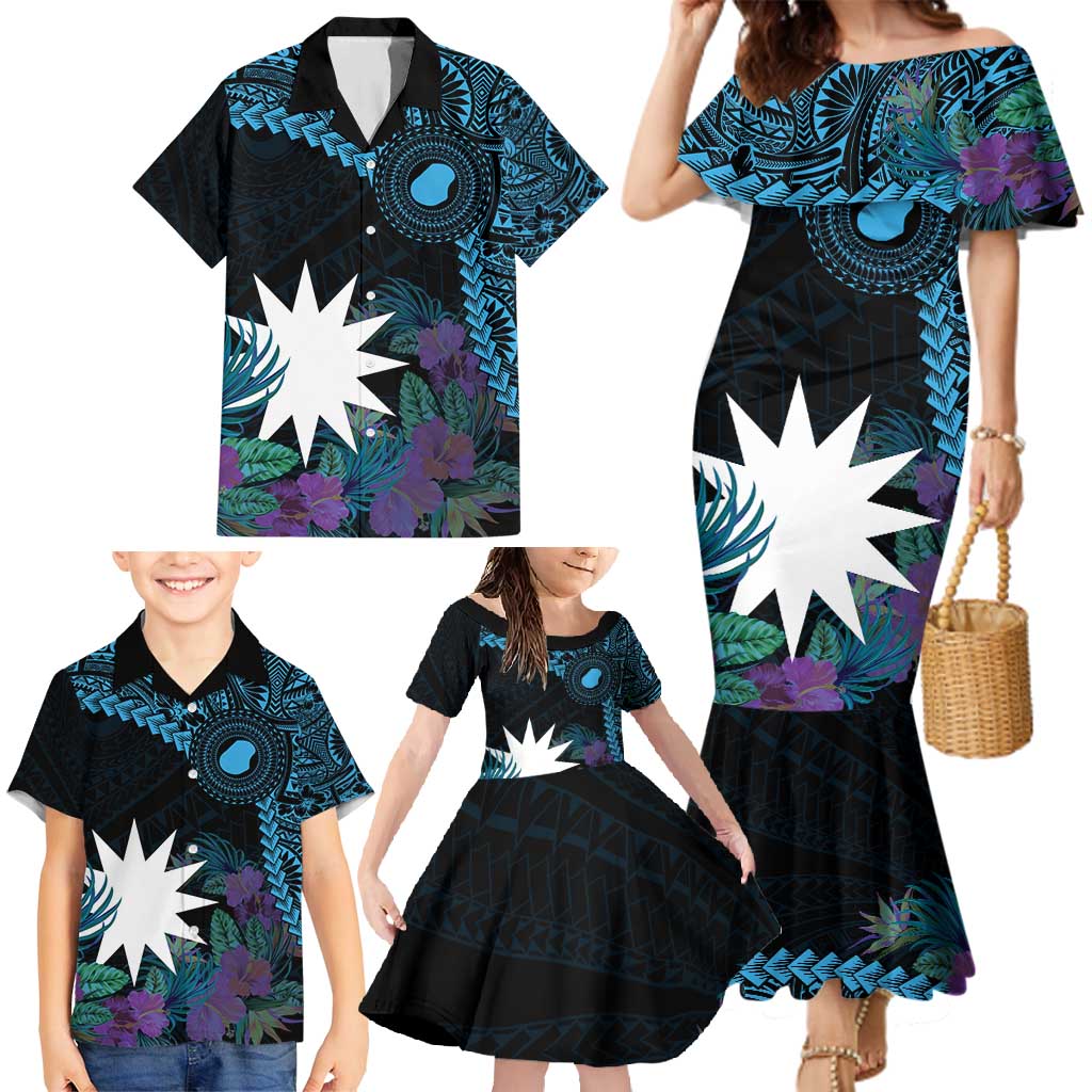 Blue Nauru Family Matching Mermaid Dress and Hawaiian Shirt Naoero Map With Polynesian Tropical Flowers