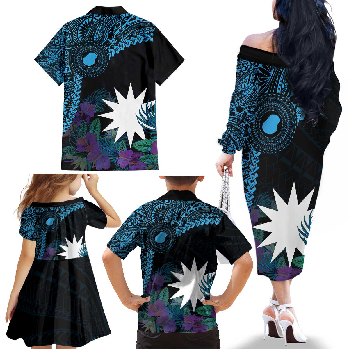 Blue Nauru Family Matching Off The Shoulder Long Sleeve Dress and Hawaiian Shirt Naoero Map With Polynesian Tropical Flowers