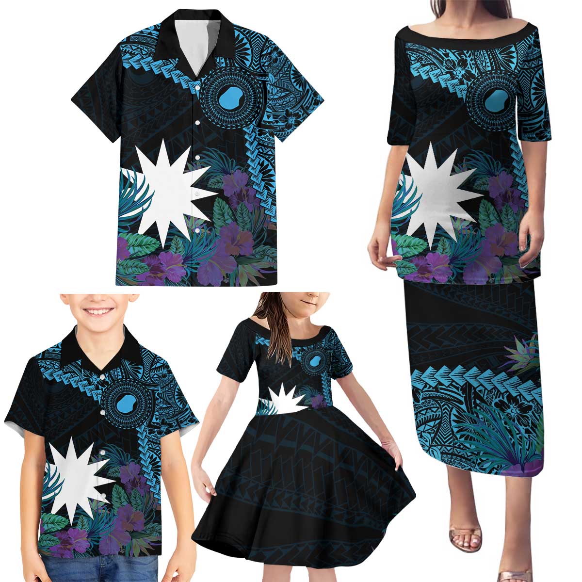 Blue Nauru Family Matching Puletasi and Hawaiian Shirt Naoero Map With Polynesian Tropical Flowers