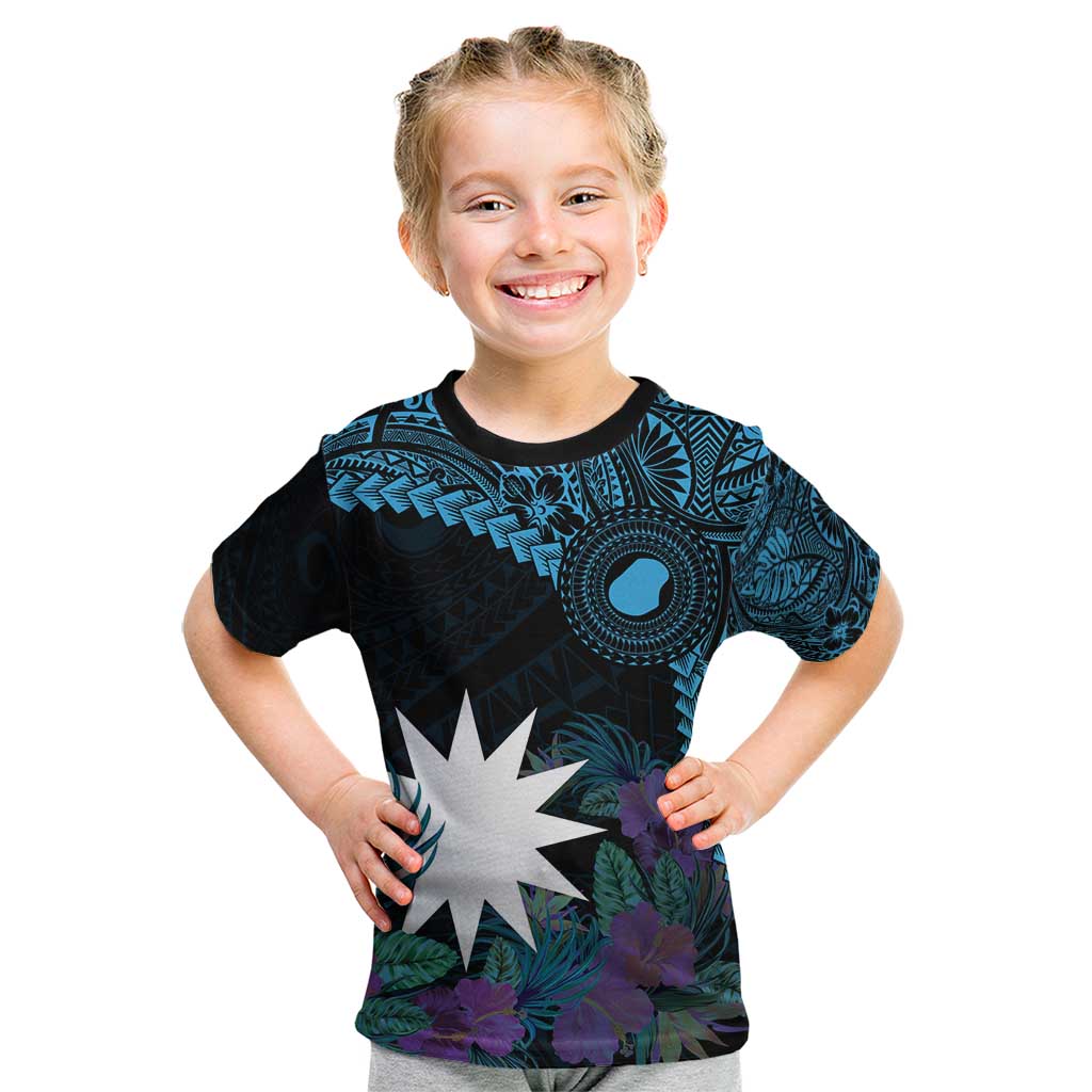 Blue Nauru Kid T Shirt Naoero Map With Polynesian Tropical Flowers