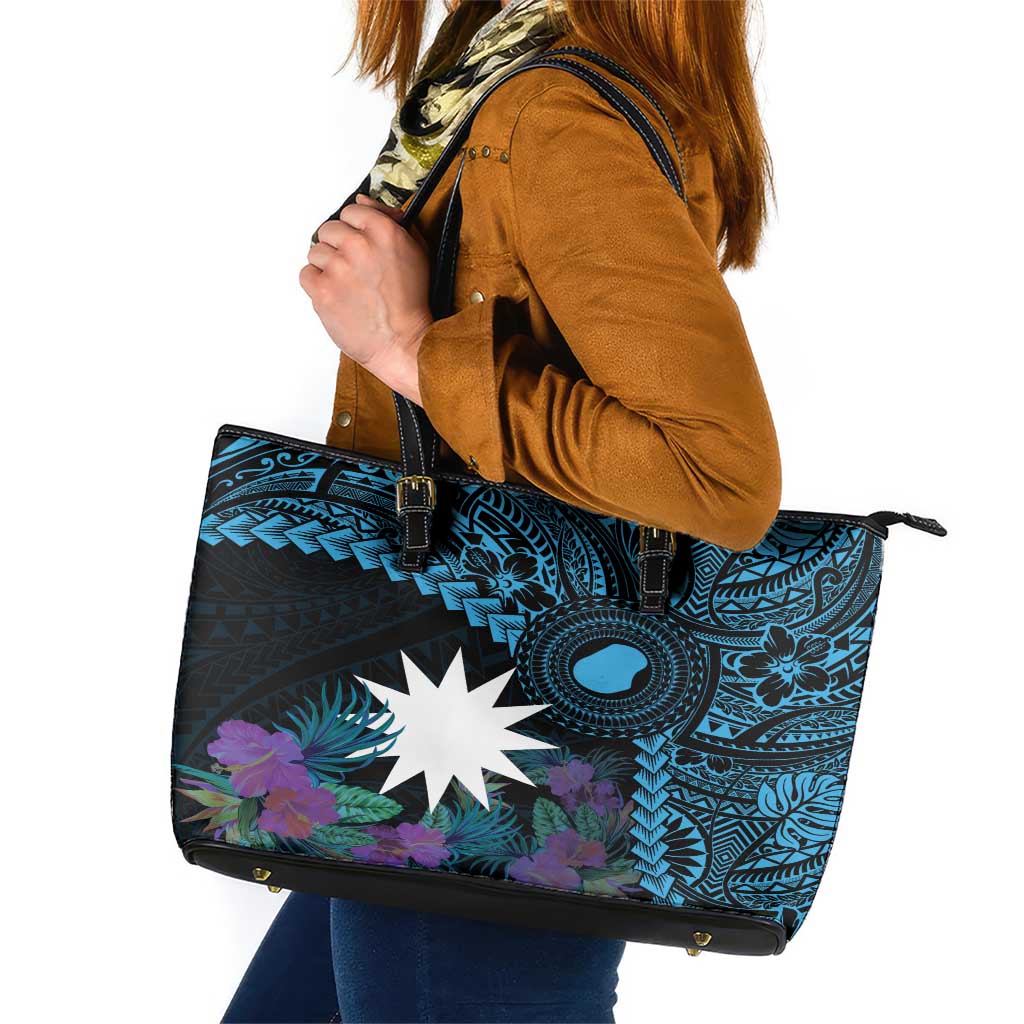 Blue Nauru Leather Tote Bag Naoero Map With Polynesian Tropical Flowers