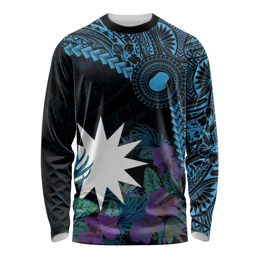 Blue Nauru Long Sleeve Shirt Naoero Map With Polynesian Tropical Flowers