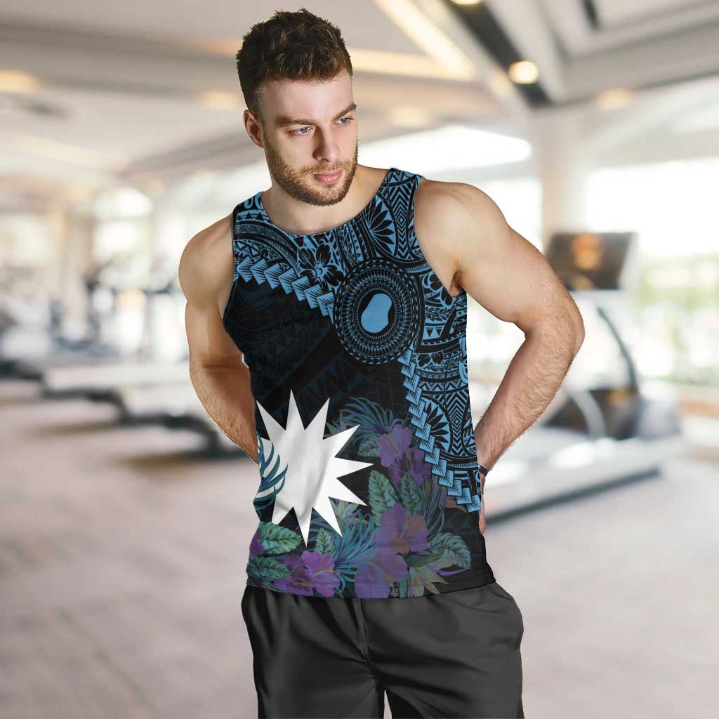 Blue Nauru Men Tank Top Naoero Map With Polynesian Tropical Flowers