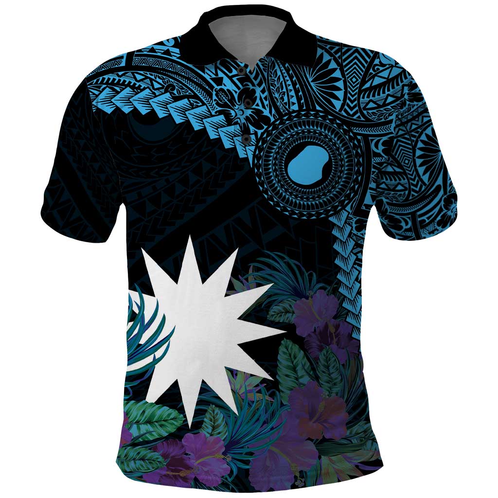 Blue Nauru Polo Shirt Naoero Map With Polynesian Tropical Flowers