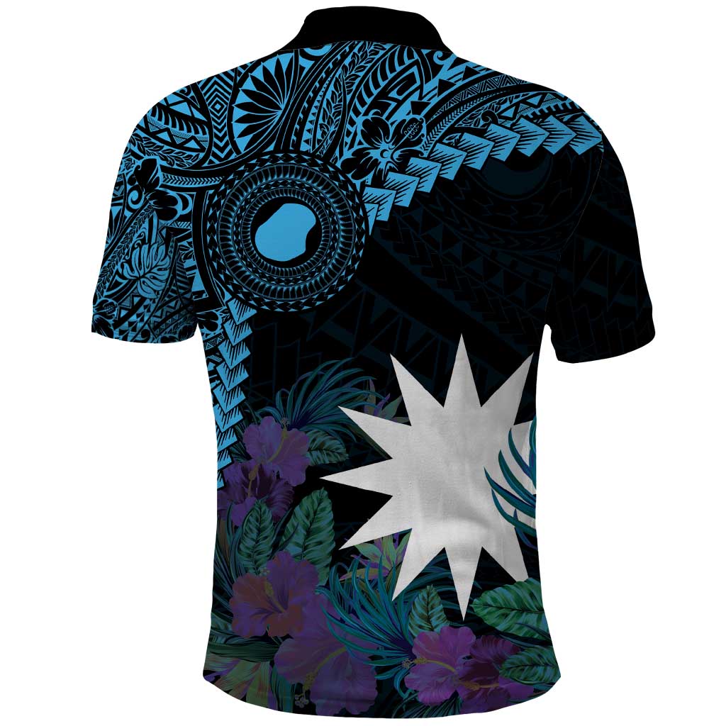 Blue Nauru Polo Shirt Naoero Map With Polynesian Tropical Flowers