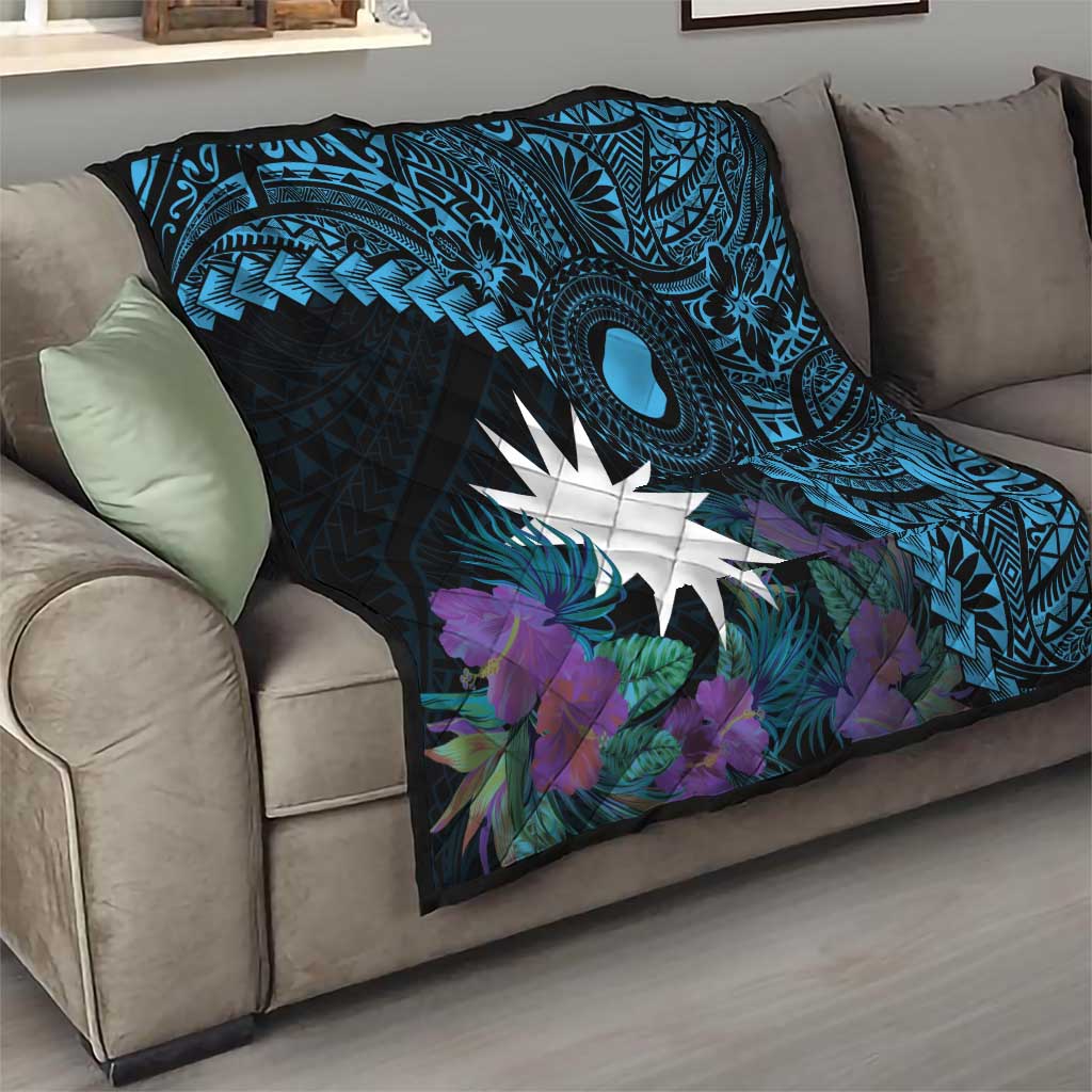 Blue Nauru Quilt Naoero Map With Polynesian Tropical Flowers
