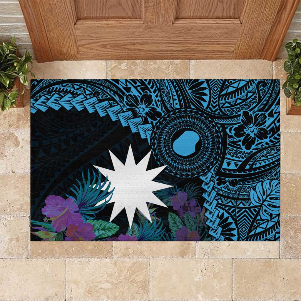 Blue Nauru Rubber Doormat Naoero Map With Polynesian Tropical Flowers