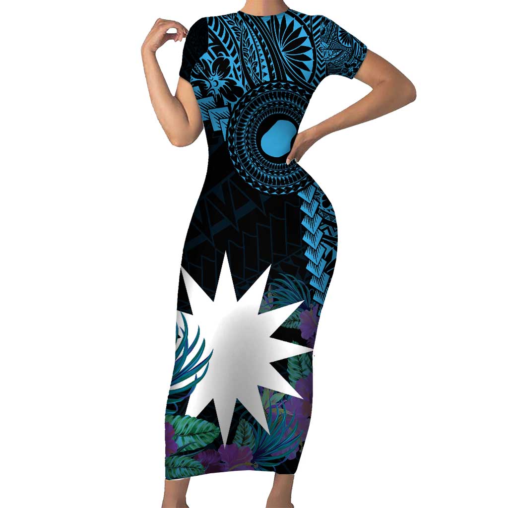 Blue Nauru Short Sleeve Bodycon Dress Naoero Map With Polynesian Tropical Flowers