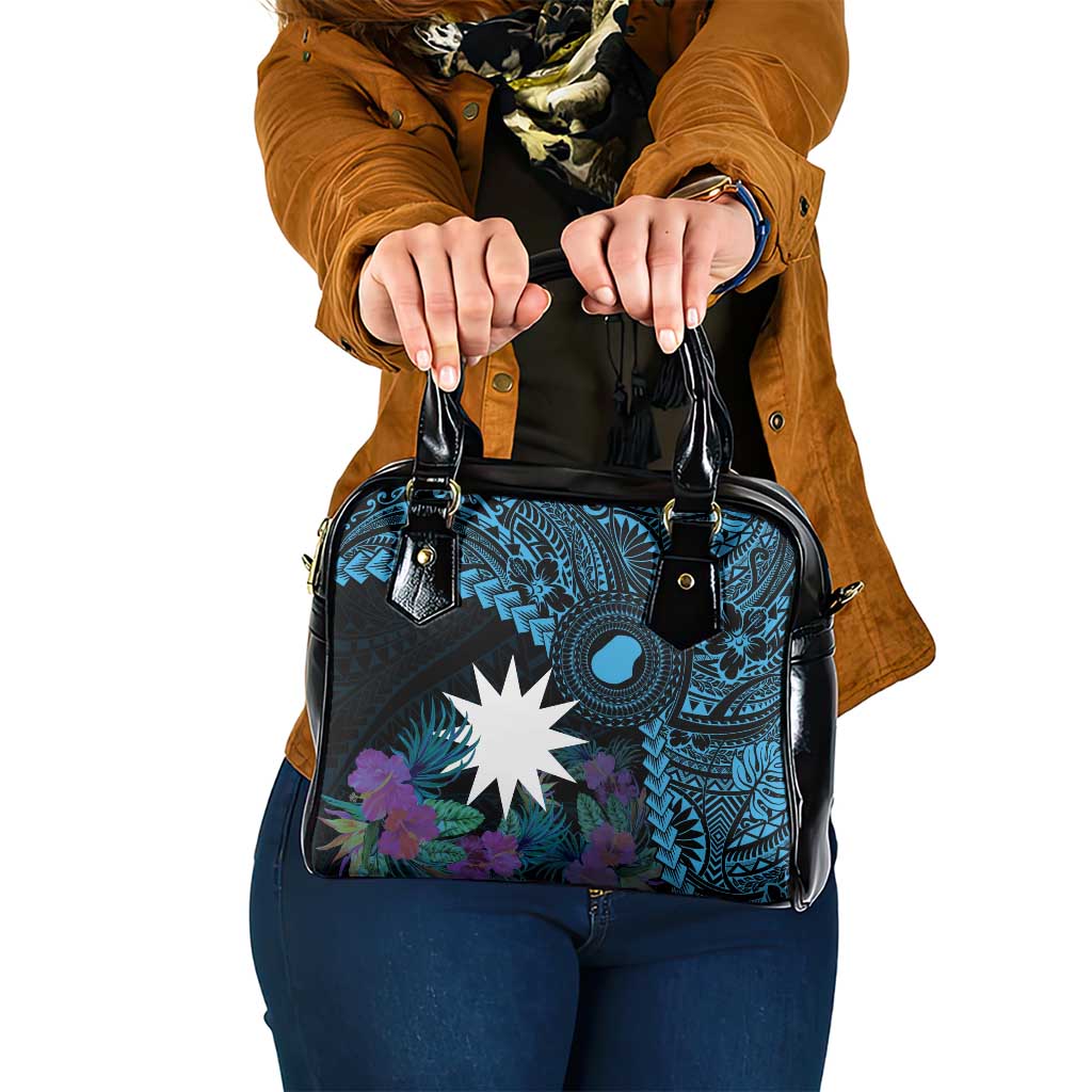 Blue Nauru Shoulder Handbag Naoero Map With Polynesian Tropical Flowers