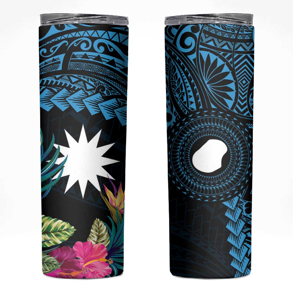 Blue Nauru Skinny Tumbler Naoero Map With Polynesian Tropical Flowers