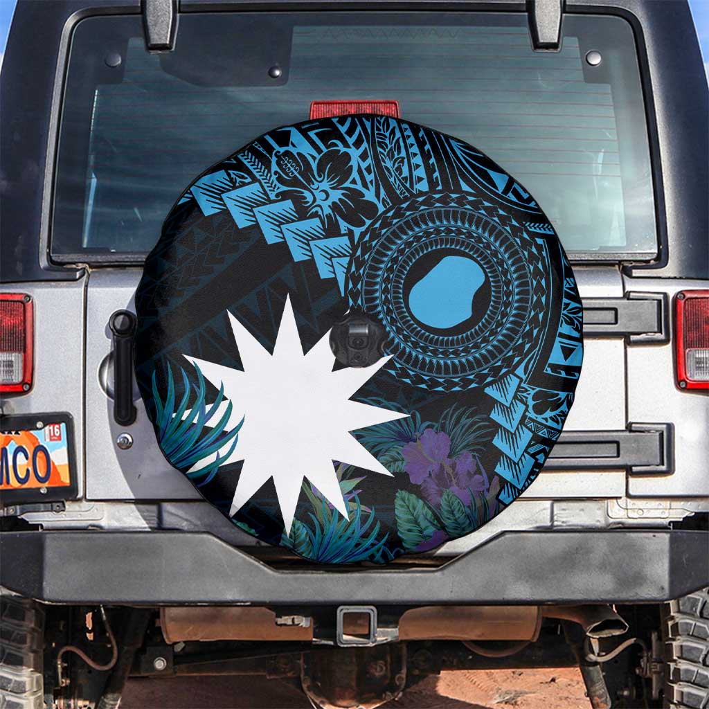 Blue Nauru Spare Tire Cover Naoero Map With Polynesian Tropical Flowers