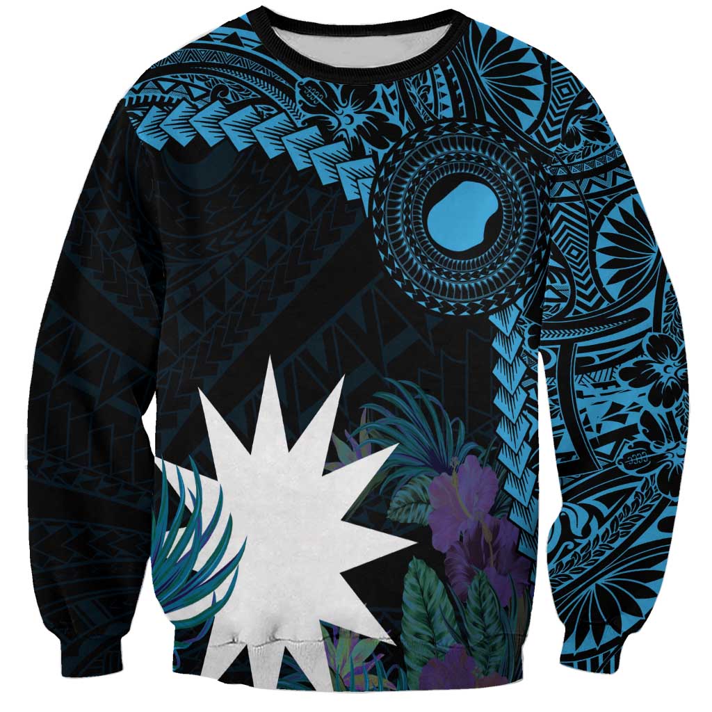 Blue Nauru Sweatshirt Naoero Map With Polynesian Tropical Flowers
