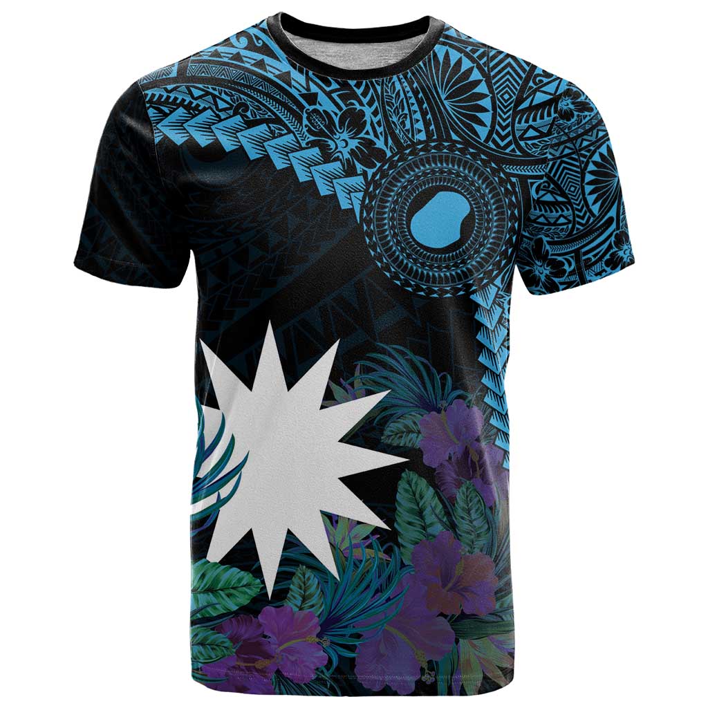 Blue Nauru T Shirt Naoero Map With Polynesian Tropical Flowers
