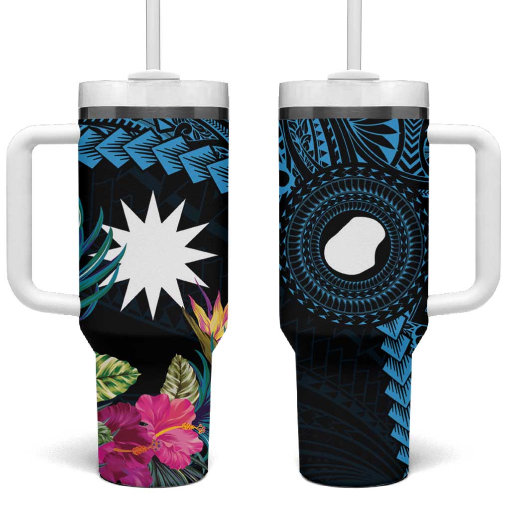 Blue Nauru Tumbler With Handle Naoero Map With Polynesian Tropical Flowers