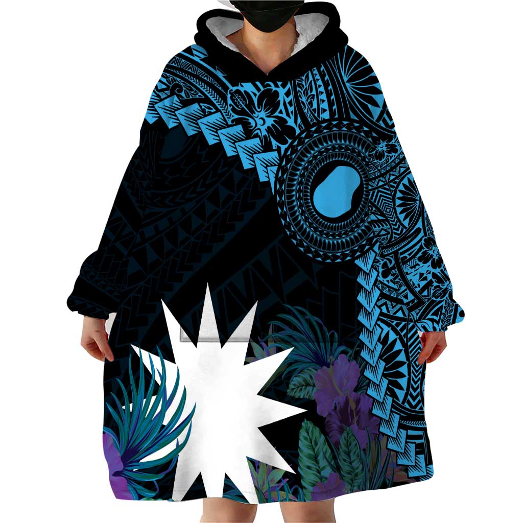Blue Nauru Wearable Blanket Hoodie Naoero Map With Polynesian Tropical Flowers