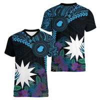 Blue Nauru Women V-Neck T-Shirt Naoero Map With Polynesian Tropical Flowers