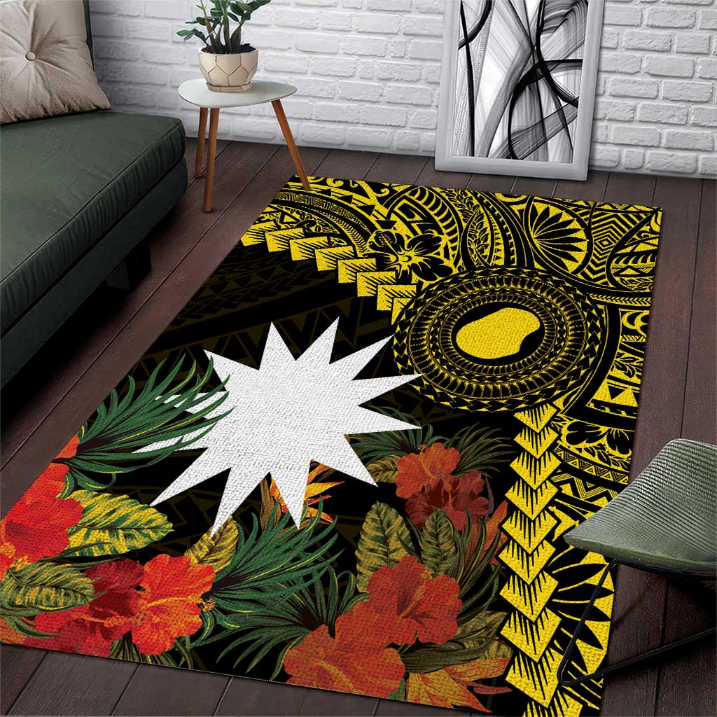 Gold Nauru Area Rug Naoero Map With Polynesian Tropical Flowers