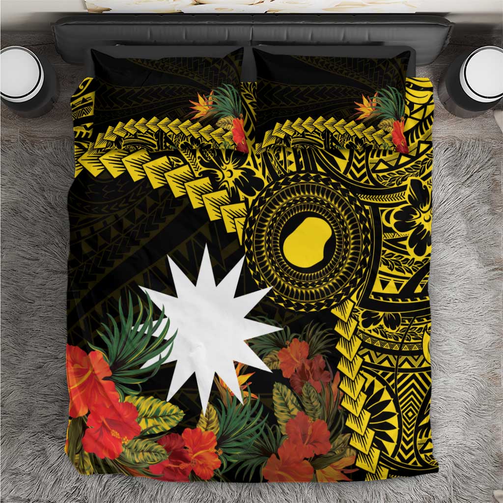 Gold Nauru Bedding Set Naoero Map With Polynesian Tropical Flowers