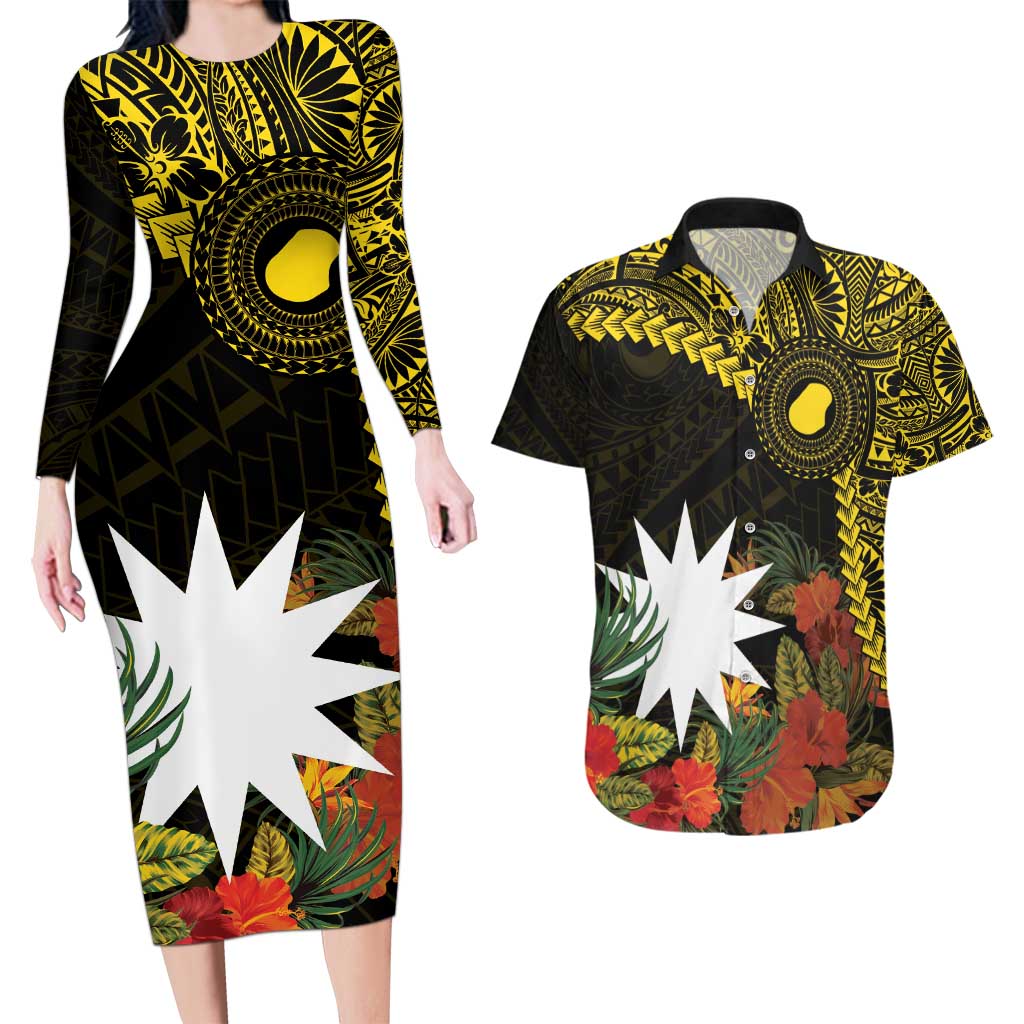 Gold Nauru Couples Matching Long Sleeve Bodycon Dress and Hawaiian Shirt Naoero Map With Polynesian Tropical Flowers