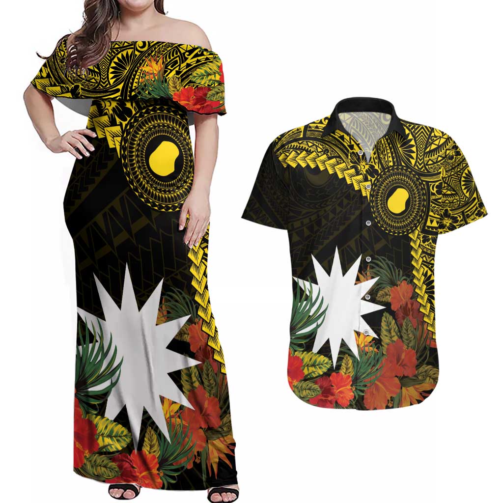 Gold Nauru Couples Matching Off Shoulder Maxi Dress and Hawaiian Shirt Naoero Map With Polynesian Tropical Flowers