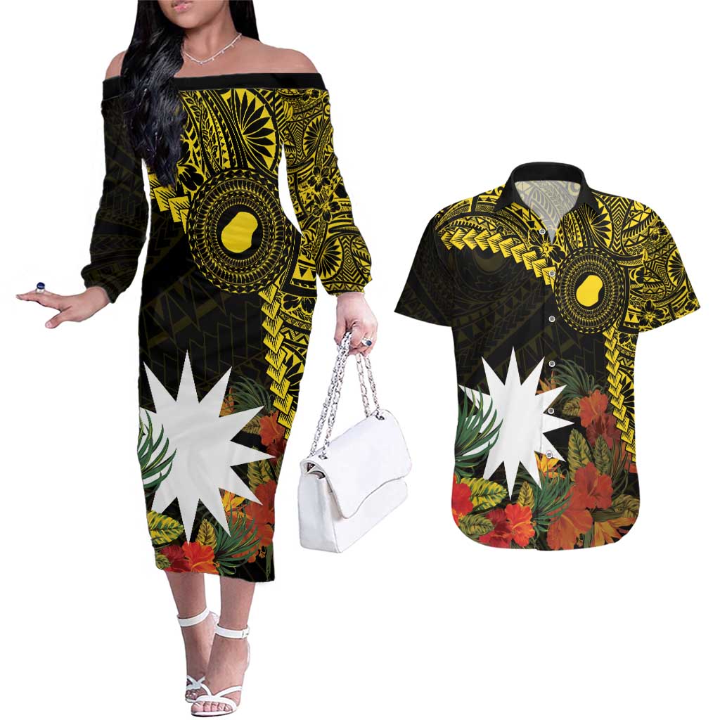 Gold Nauru Couples Matching Off The Shoulder Long Sleeve Dress and Hawaiian Shirt Naoero Map With Polynesian Tropical Flowers