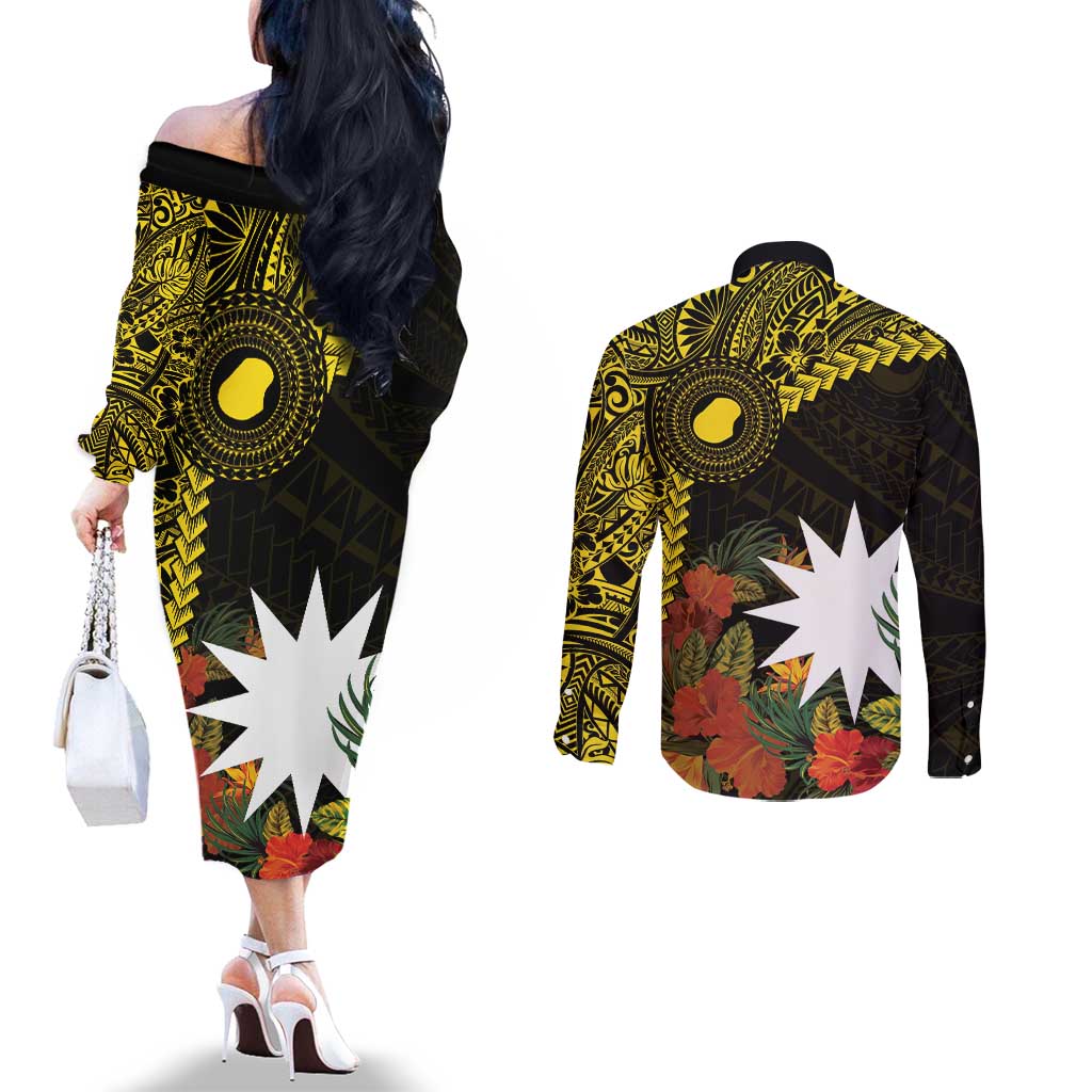 Gold Nauru Couples Matching Off The Shoulder Long Sleeve Dress and Long Sleeve Button Shirt Naoero Map With Polynesian Tropical Flowers