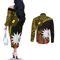 Gold Nauru Couples Matching Off The Shoulder Long Sleeve Dress and Long Sleeve Button Shirt Naoero Map With Polynesian Tropical Flowers