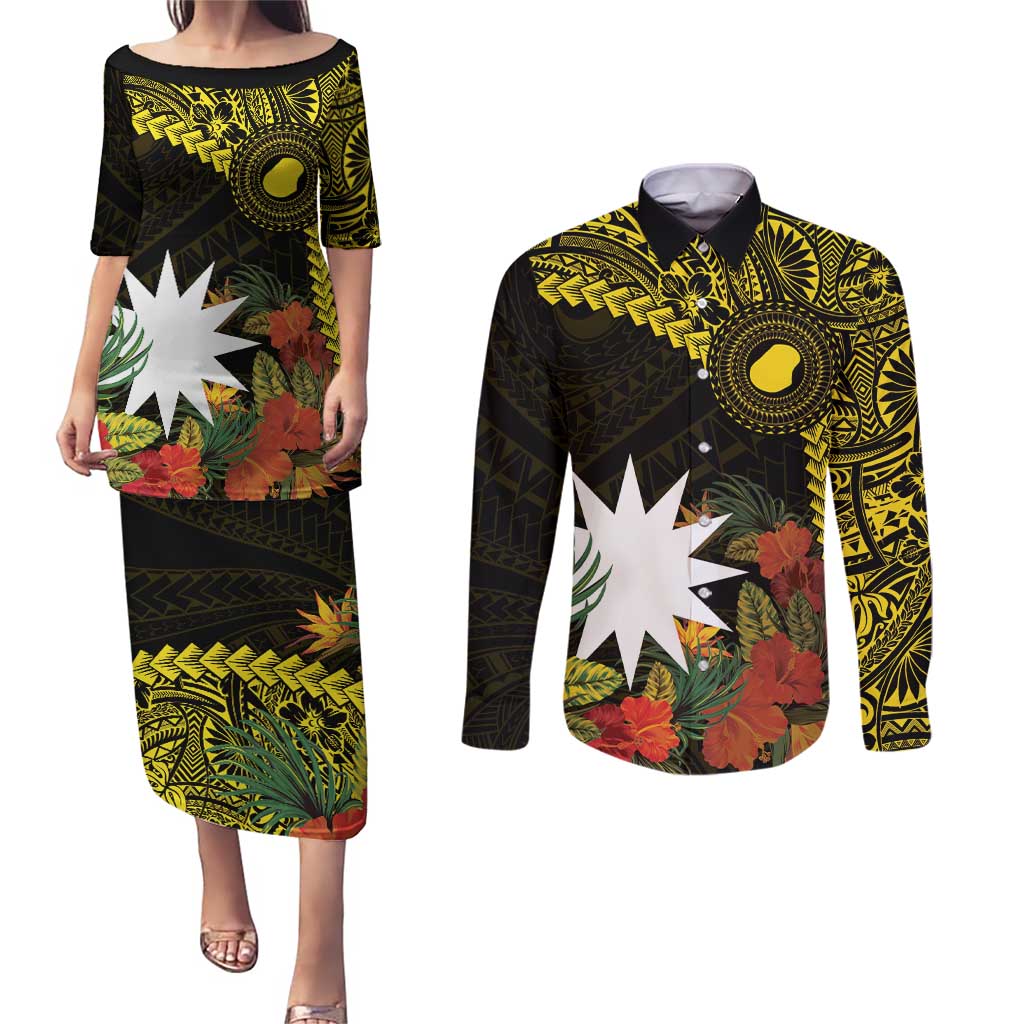 Gold Nauru Couples Matching Puletasi and Long Sleeve Button Shirt Naoero Map With Polynesian Tropical Flowers